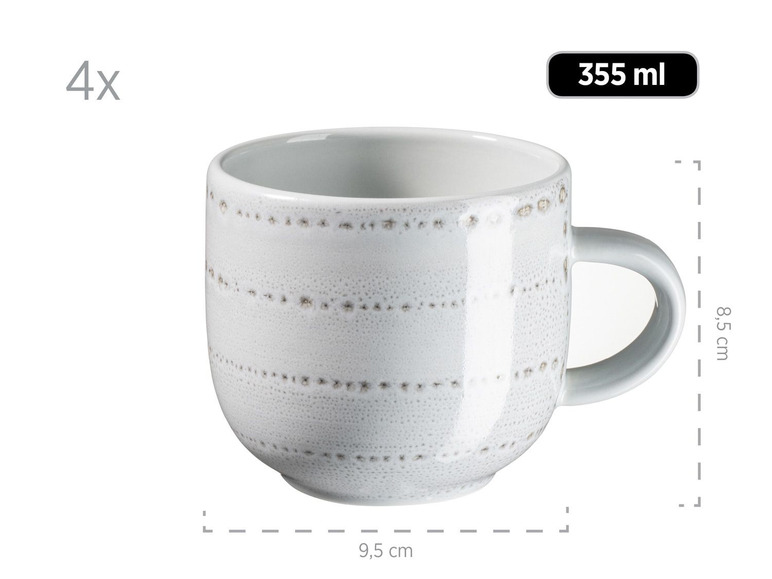 Set mit 4 weißen Bechern mit grauem Akzent, 355 ml.