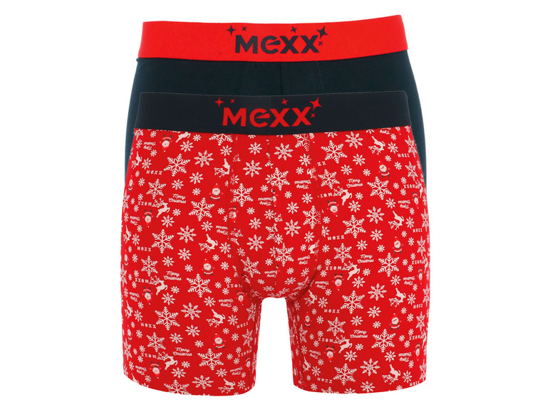Zwei MeXX Weihnachts-Boxershorts mit einem rot-weißen Schneeflockenmuster.