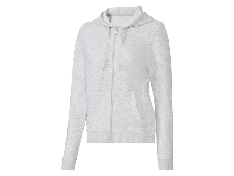 Grauer Hoodie mit Kapuze und Reißverschluss.