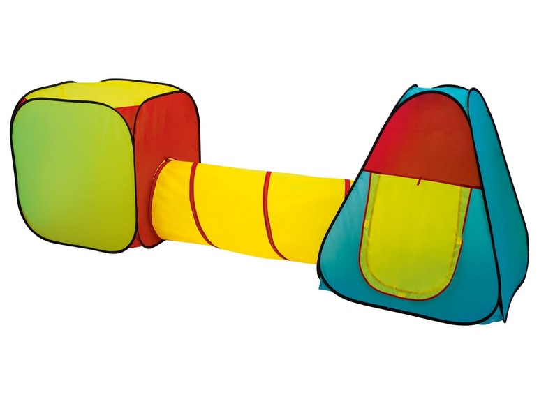 Ein Spielset mit einem Zelt, einem Tunnel und einem Würfel.