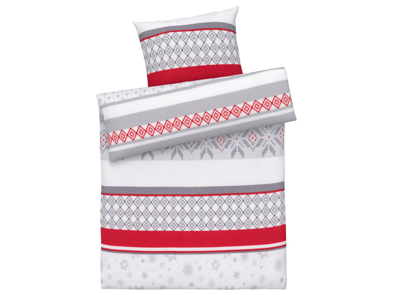 Ein weißer Bettbezug mit grauen und roten Mustern