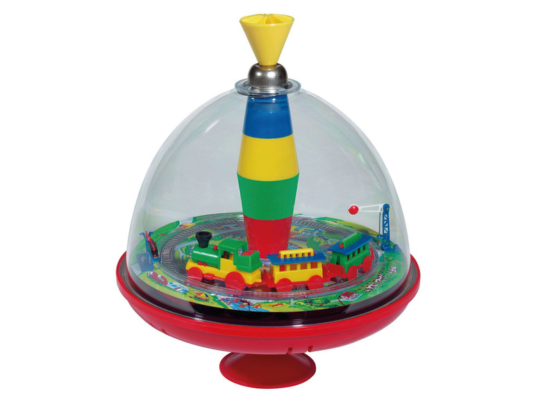 Ein roter Kreisel mit einem Zug darin.