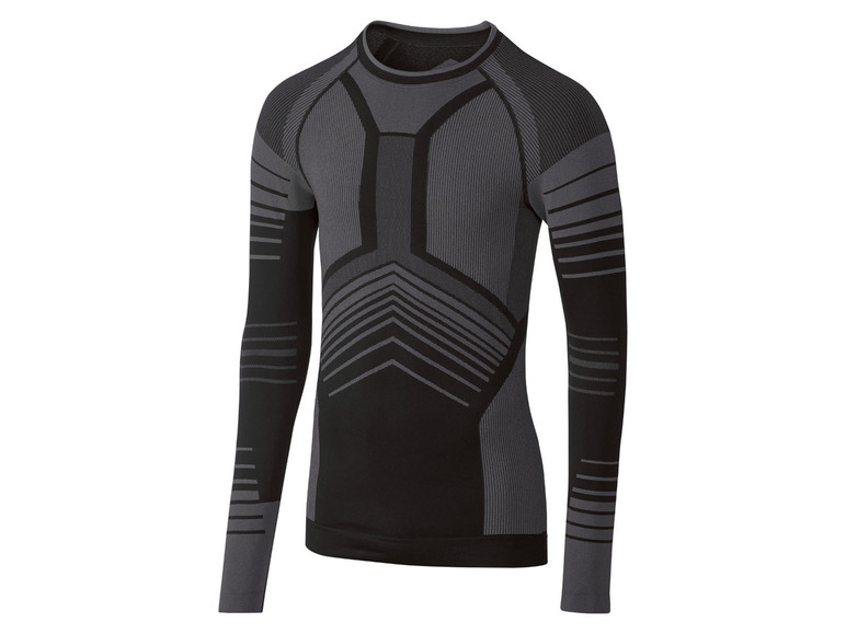 Ein schwarzes und graues Langarmshirt mit geometrischem Muster.