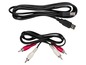 USB-Kabel und zwei RCA-Audiokabel.
