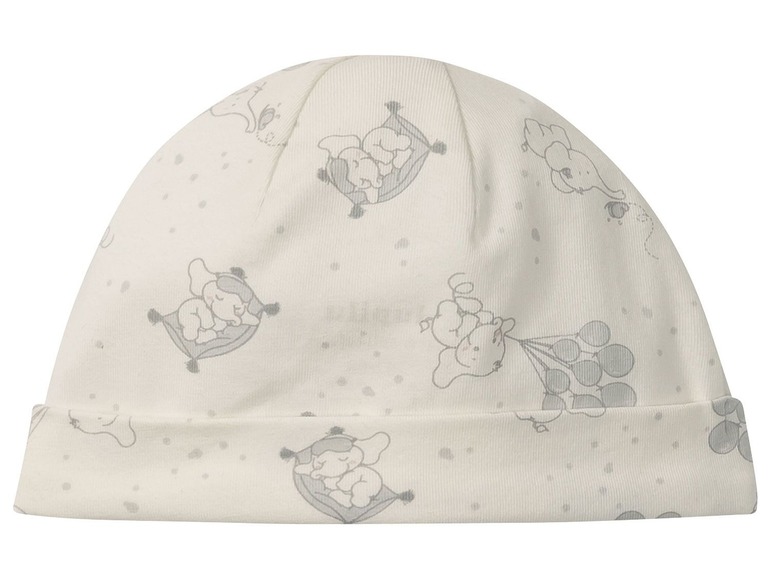 Eine weiße Baby Mütze mit grauen Elefanten