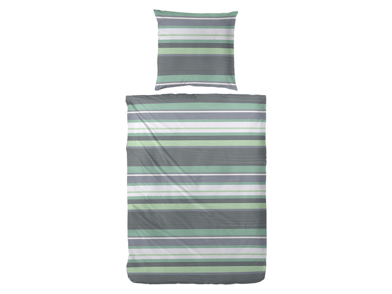 Ein Bettwäsche-Set mit Streifen in Grau und Grün.