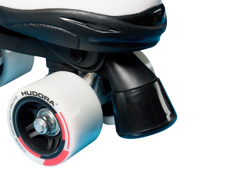 Weiße Inline-Skates mit schwarzen Rädern von Hudora.