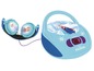 Ein blauer CD-Player mit eingebauten Lautsprechern und passenden Kopfhörern im Frozen-Design.