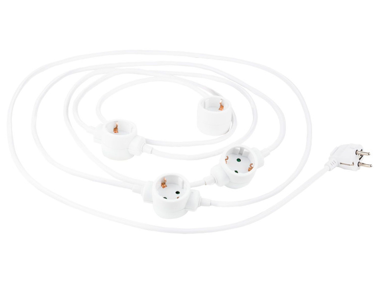 Ein weißes Verlängerungskabel mit drei Steckdosen und einem Stecker.