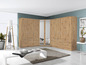 Ein Eck-Schrank mit Spiegeltüren und Holztüren mit Schubladen.
