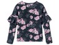 Ein dunkelblaues Langarmshirt mit rosafarbenem Blumenmuster und Rüschen an den Ärmeln.