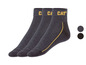 Drei Paar Caterpillar Socken mit gelben Akzenten.