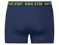Dunkelblaue Boxershorts mit gelbem 'N3VR STOP' Schriftzug.