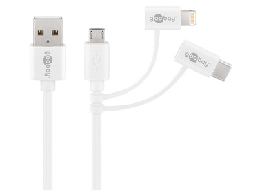 Goobay 3-in-1 Lade-und Synchronisationskabel, USB-A 2.0 auf Micro USB, USB-C™ & Apple Lightning-Anschluss, 1 m, weiß