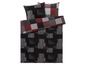 Ein Bettwäsche-Set mit schwarz-weiß-rotem Karomuster und passenden Kissen.