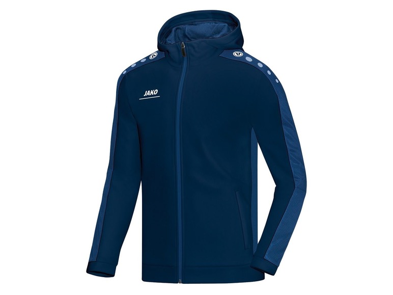 Eine dunkelblaue Jako Trainingsjacke mit Kapuze.