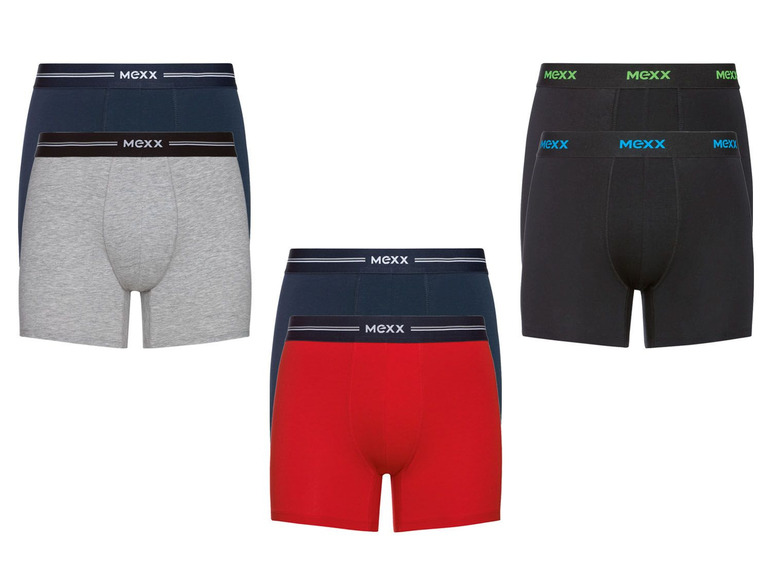 Drei Paar Boxershorts von MeXX in Grau, Schwarz und Rot.