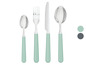 Ein Messer, eine Gabel und ein Löffel mit mintgrünen Griffen.