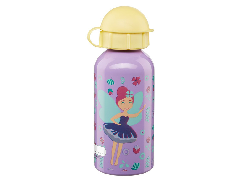 Lilafarbene Wasserflasche mit Feen- und Blumenmotiv.