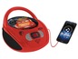 Ein roter tragbarer CD-Player mit Cars-Motiv, angeschlossen an ein Smartphone.