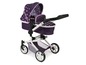 Ein lilafarbener Kinderwagen mit Sternenmuster für Puppen.