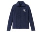 Eine dunkelblaue Fleecejacke mit einem Vogel und dem Schriftzug 'SUNDAY'.