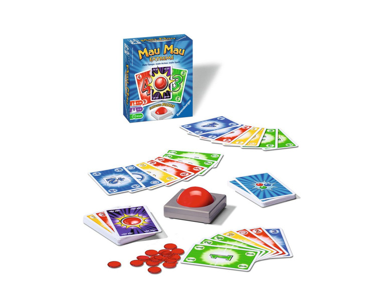 Das Ravensburger Spiel Mau Mau Extreme mit Karten, Buzzer und Chips.