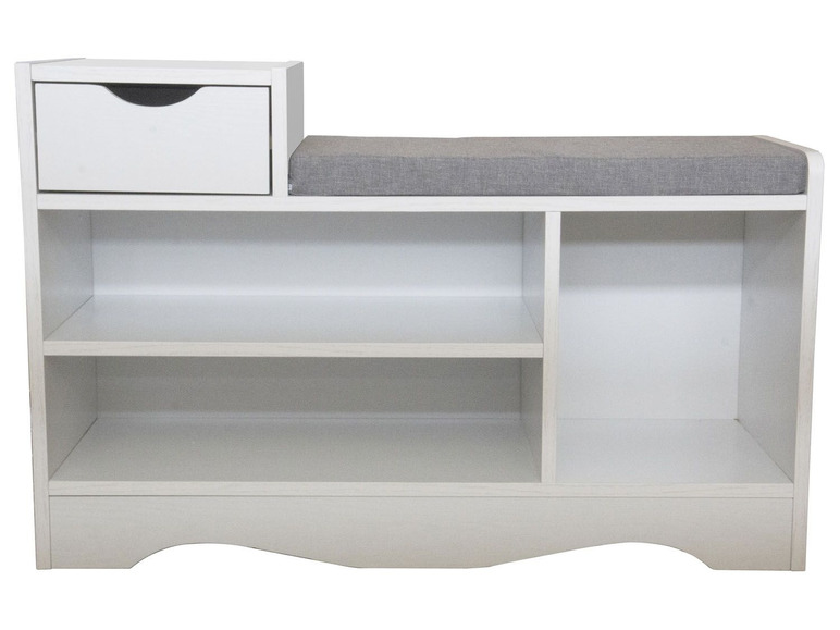 Weiße Schuhbank mit einem Staufach und einem Sitzkissen.