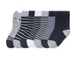 Sechs Socken mit Streifen und einem Bärenmotiv.