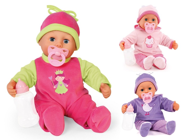 Drei Baby Puppen mit Flaschen und Schnuller in rosa, lila und weiß.