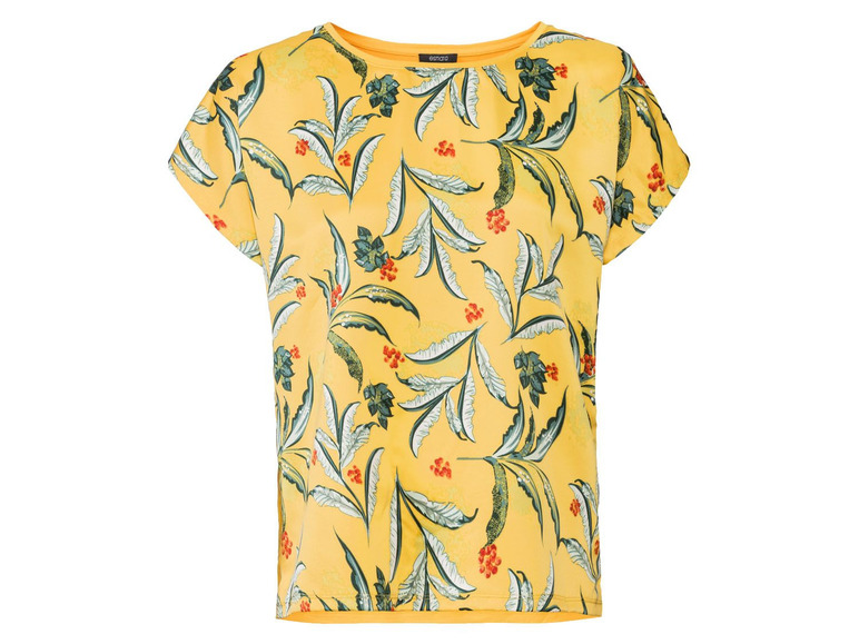 Gelbe Bluse mit tropischem Blumendruck.