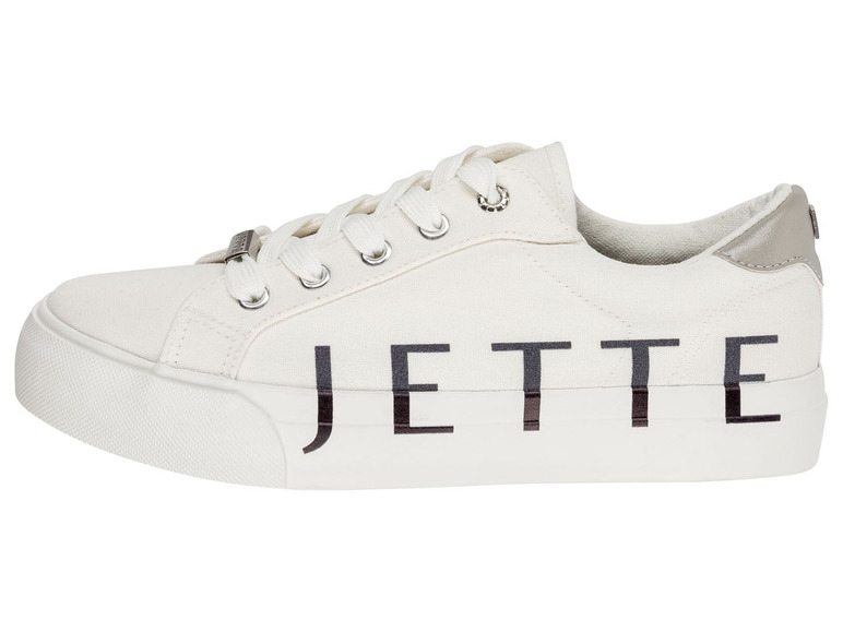 Weiße Jette Sneakers mit schwarzen Buchstaben.