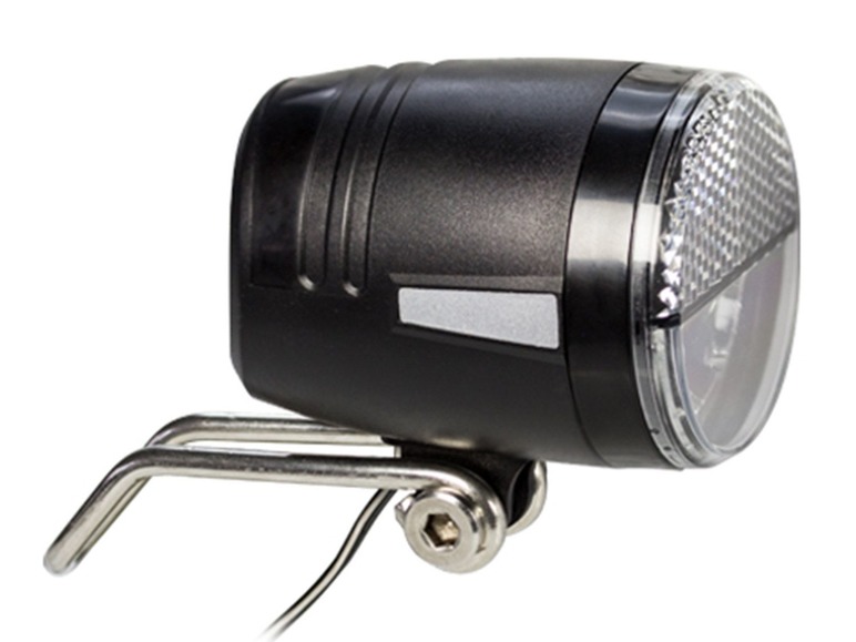 Eine schwarze Fahrradlampe mit weißem LED-Licht.