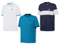 Drei Erima Poloshirts in Weiß, Blau und Dunkelblau.