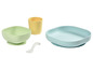 Ein grünes und blaues Silikon-Baby-Set mit einem gelben Becher und einem weißen Löffel.