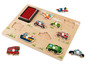 Holzp Puzzle mit Autos, Bus, Boot, Helikopter, Flugzeug und Feuerwehrauto.