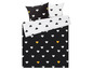 Ein Bettbezug mit Herzenmuster in Schwarz und Weiß.