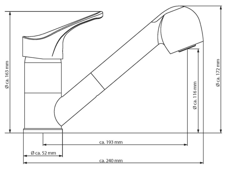 Schemazeichnung eines Küchenhahns mit ausziehbarem Brauseschlauch.