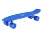Ein blaues Plastik-Skateboard mit silbernen Rädern.