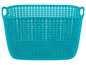 Ein türkisfarbener Plastikkorb mit Griffen.