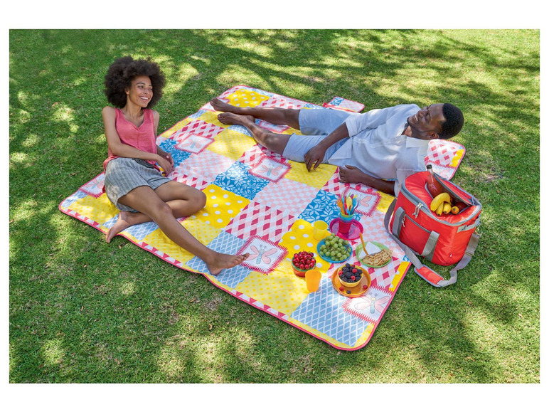 Eine Kühltasche und eine Picknickdecke mit einem bunten Muster, verwendet von einem Paar auf einer Wiese.