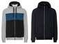 Zwei Herren-Hoodies, einer grau mit blauen und schwarzen Streifen und einer schwarzer.