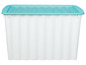 Eine weiße Plastik-Aufbewahrungsbox mit einem hellblauen Deckel.