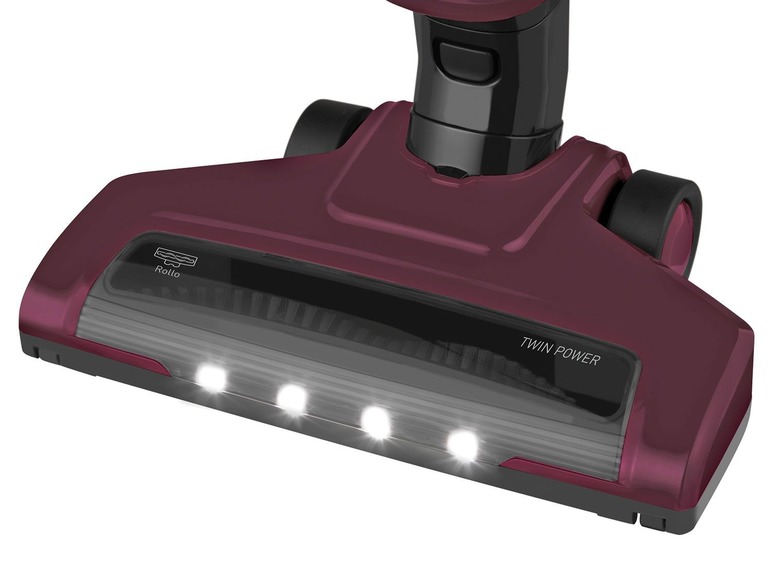Ein roter Staubsaugerkopf mit LED-Beleuchtung und dem Schriftzug 'Twin Power'.