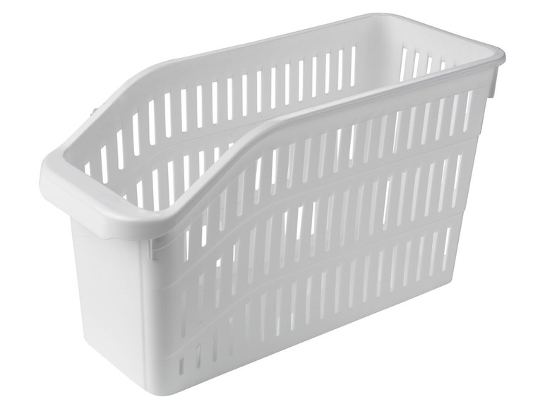 Ein weißer Plastik-Aufbewahrungskorb mit offener Struktur.