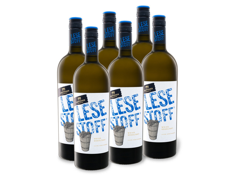 Weinpaket QbA Weingärtner 0,75-l-Flasche Lesestoff® Weißwein weißgekeltert x 6 Cuvée halbtrocken, Lauffener