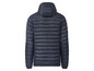 Eine dunkelblaue Daunenjacke mit Kapuze.