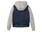 Eine Jeansjacke mit Kapuze und grauen Ärmeln.