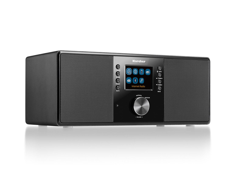 Ein schwarzes Karcher Internet-Radio mit einem großen Display.