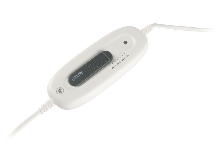 Ein weißer Sanitas Heizkissen-Controller mit einem Drehknopf und einem Kabel.